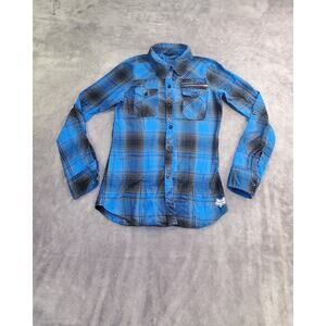 Fox Racing Women's Sz XS Blue Black Plaid Long Sleeve Button Up Shirt C14-19